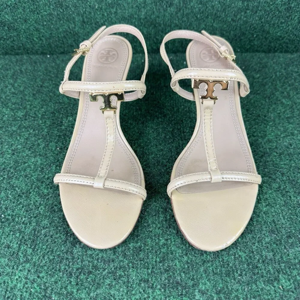 Tory Burch T Strap Logo Saffiano Patent Leather Heels Sandal Size 9 M